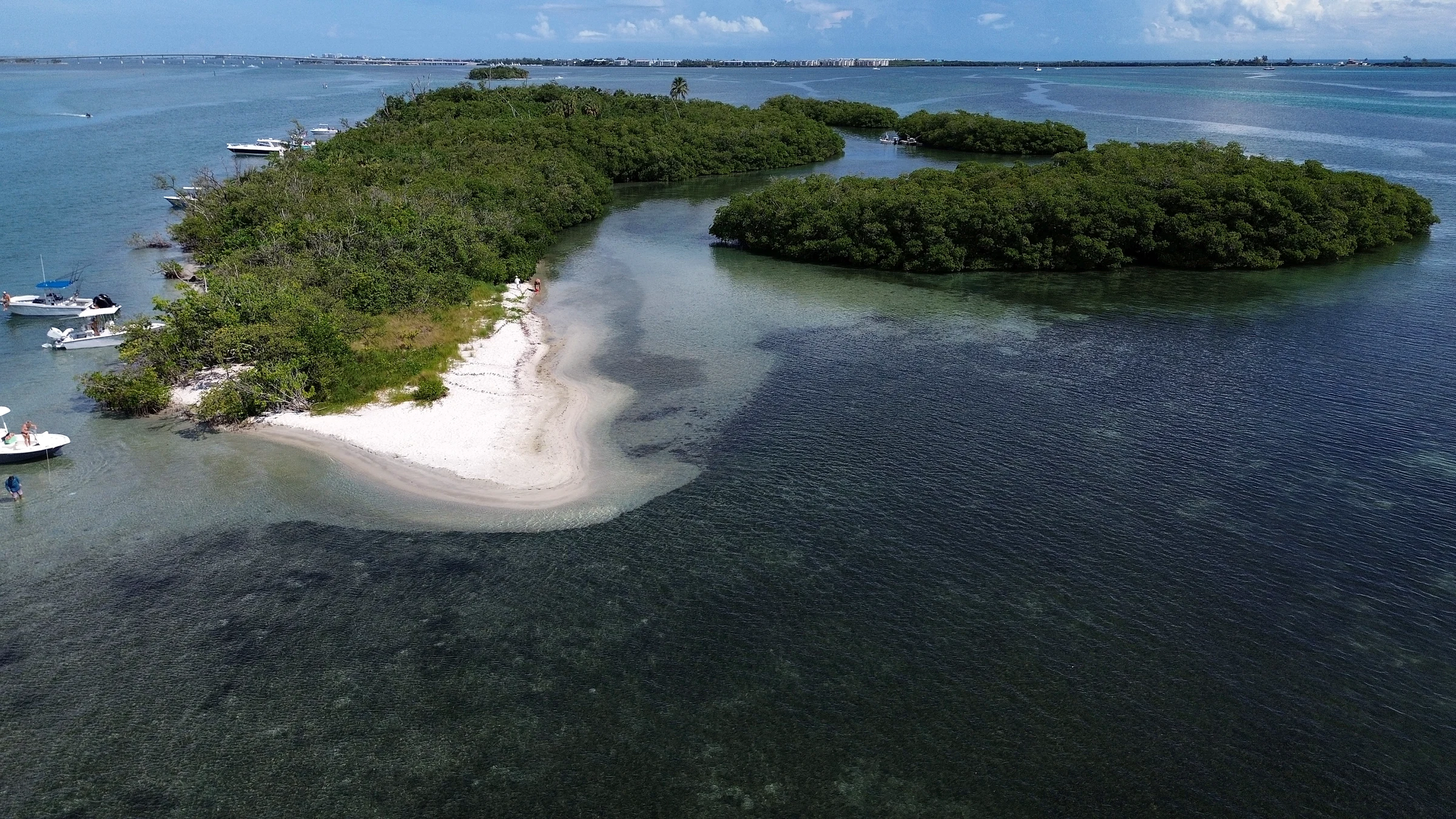 Aerial view of shallow turquoise water, a sandbar, and Freebird nearby